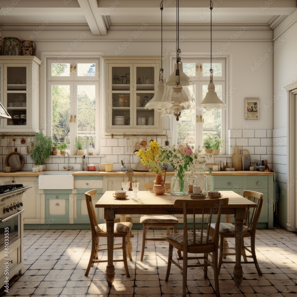 Simple vintage style kitchen design, tile decor, marble ball lamps, square table, high ceilings, chintz curtains, wood flooring, ikea aesthetics