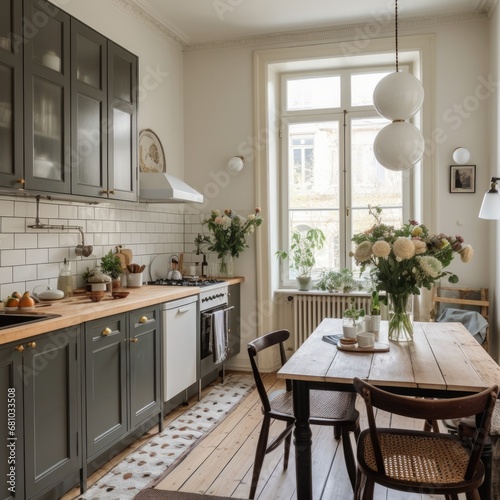 Simple vintage style kitchen design, tile decor, marble ball lamps, square table, high ceilings, chintz curtains, wood flooring, ikea aesthetics 