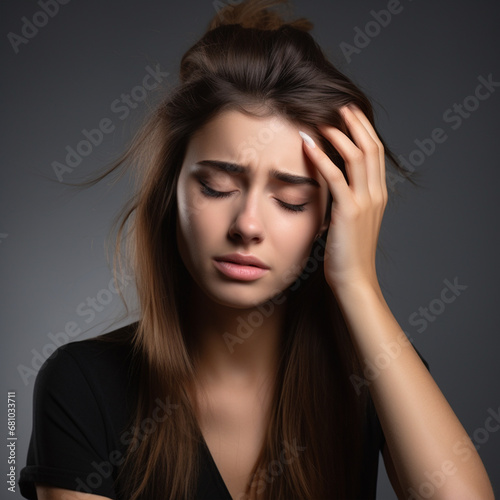 Young woman have headache on grey background, ai technology