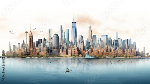 Wide angle panoramic view of lower Manhattan area of New York City during sunrise or sunset. Low poly model city with dark 3D rendered buildings. Concept of blackout  America  architecture and art.