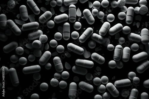 Pills and capsule on black background. Black and white tone in the dark backdrop. © Virtual Art Studio