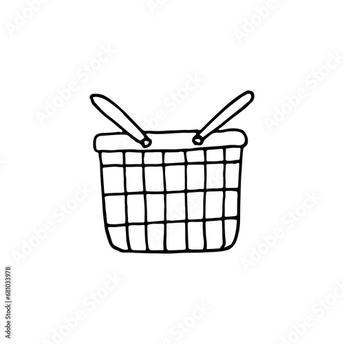 Plastic shopping basket. Shopping at the store. Doodle. Vector illustration. Hand drawn. Outline.