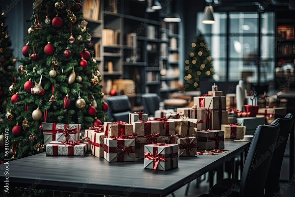 Empty startup office decorated with Christmas lights and tree to celebrate winter holiday season. Festive decorations and ornaments in workplace, seasonal xmas decor for gifts and presents.