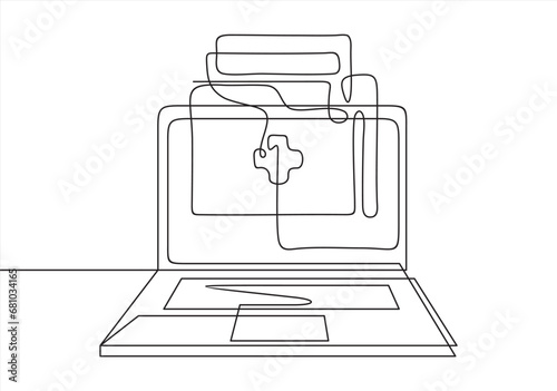 Electronic health online a medical record on computer. Vector illustration online healthcare concept.Continuous one line