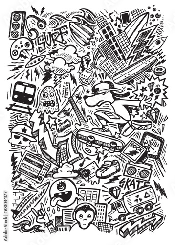 Vector illustration in stripped strokes and in cartoon style of elements related to street, surf and skate culture.
