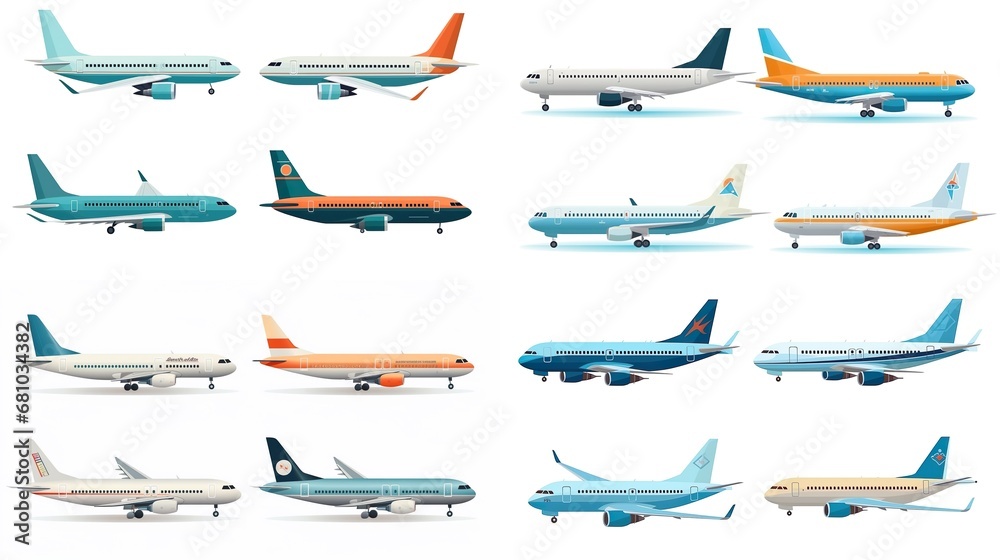 set of Airplanes isolated on white background. Flat illustration