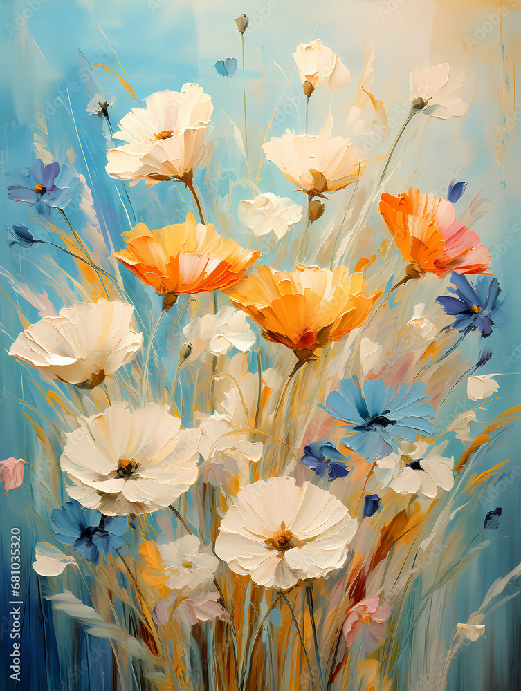 A Painting Of Flowers On A Blue Background - Wild summer grasses and field flowers