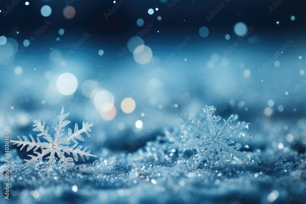 Winter card with snowflakes on a blue background. Falling Christmas snow. Realistic falling snowflakes on blurred background. Place for your text