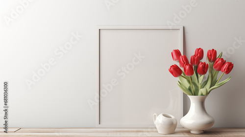 Oval shape flower Vase with empty frame with living room, blank picture frame mockup, flower vase and small jug on the interior of wooden, empty copy space, Modern living room design interior 

