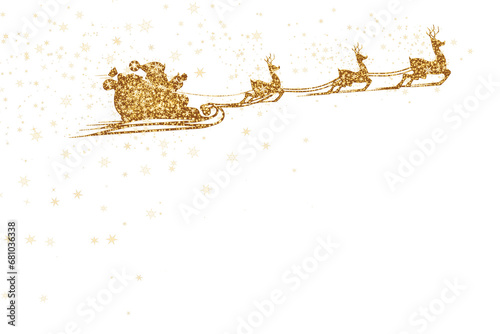 a Golden snowy flying Santa Claus on the background of the night sky.