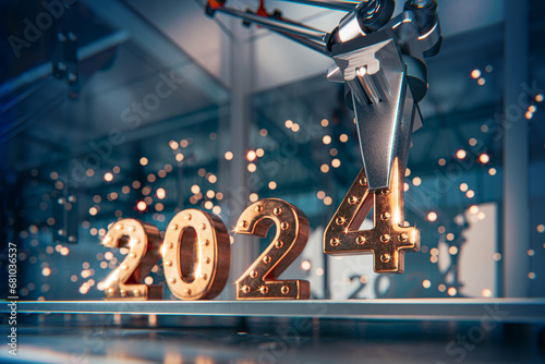 Using its 3-axis arm, the robot meticulously arranges the 2024 New Year's Eve inscription. As sparks cascade in the background. 3d render