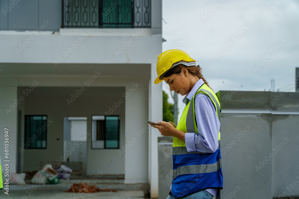 Female engineer in safety gear wearing hard hat using mobile phone at construction site