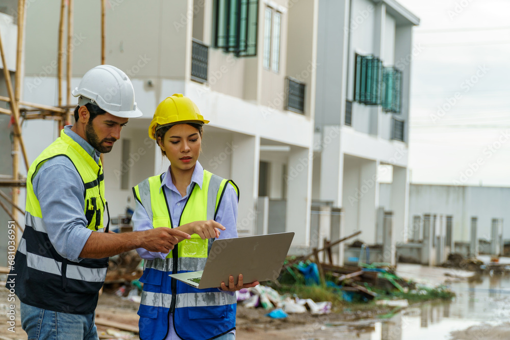 Foreman man and woman with Yellow helmet holding laptop in constuction site Foreman man and woman with Yellow helmet holding laptop in constuction site