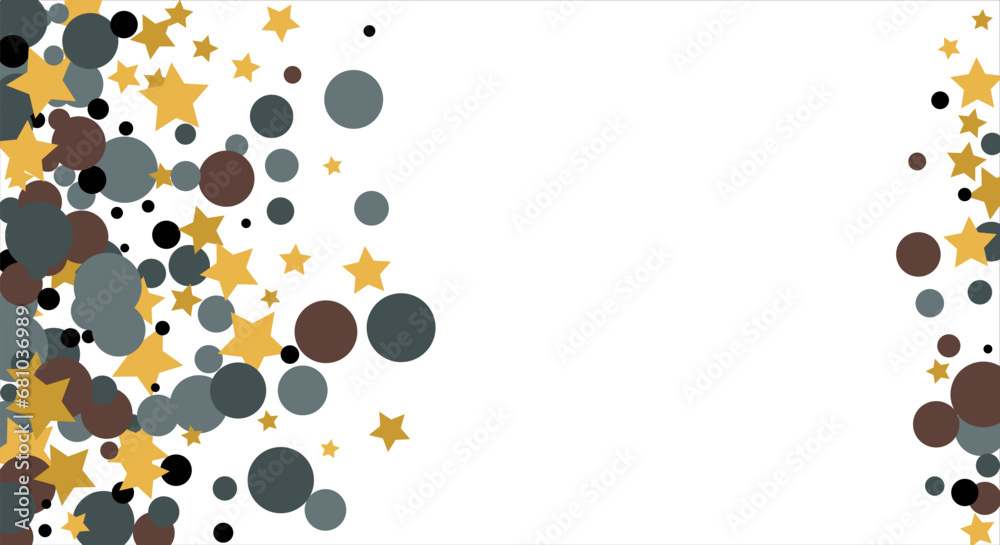 Gold, blue, brown, black confetti with circles and stars. Cosmic shine. Christmas abstract pattern. Beautiful illustration for postcard, banner, web. Background for the image. Vector illustration