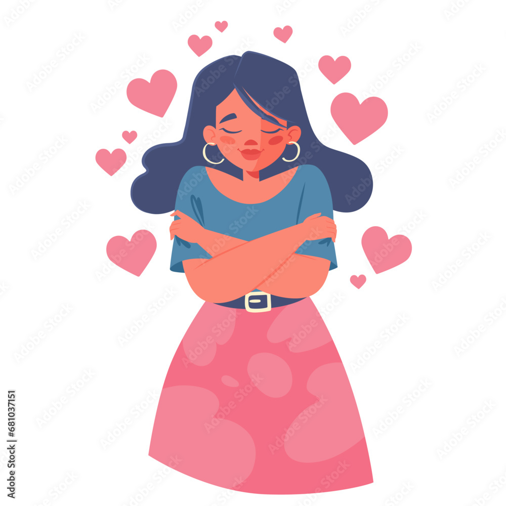 Concept of self care, self love, self acceptance, mental health, psychological help. Young girl hugging herself surrounded by hearts. Feelings of compassion, hope gratitude. The theme of charity. Concept of self care, self love, self acceptance, mental health, psychological help. Young girl hugging herself surrounded by hearts. Feelings of compassion, hope gratitude. The theme of charity.