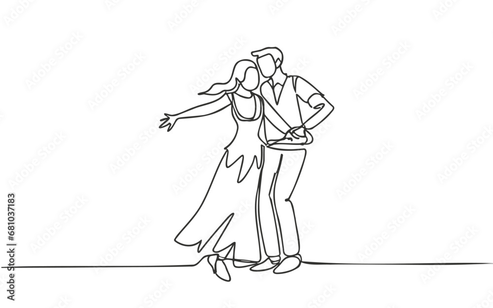 A single line drawing of a joyful, adorable married couple dancing