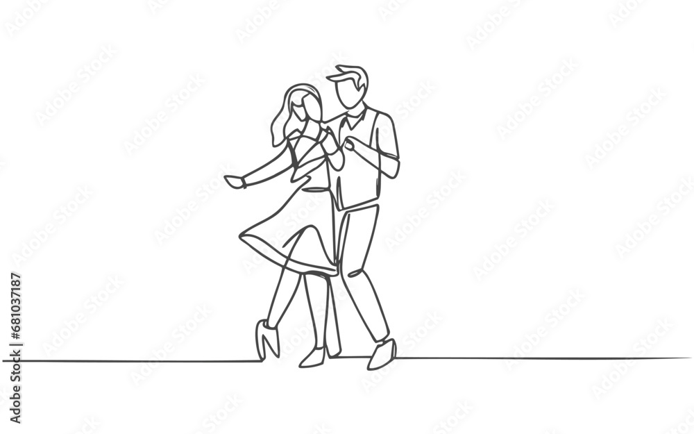 A single line drawing of a joyful, adorable married couple dancing A single line drawing of a joyful, adorable married couple dancing