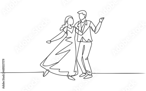 A single line drawing of a joyful, adorable married couple dancing