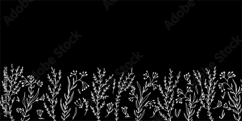 White floral border. Wild grass and flowers field border sketch hand drawn in doodle style on black background.