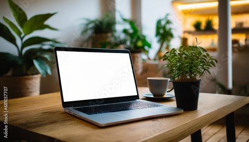 Wooden table arrangement with a laptop displaying a white screen, a cup of coffee, and a beautifully blurred potted plant in the background, minimalist workspace 