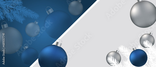 vector greeting card with place for text on a blue background. Christmas banner with blue and silver Christmas balls
