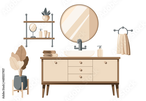 Set of bathroom interior with washbasin; sinks; mirror; cabinet and plants. Scandinavian or Nordic style. Flat vector illustration isolated on white background in eps 10