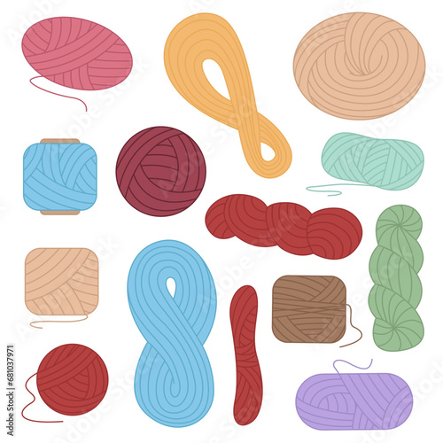 Vector set with wool yarn balls and skeins. Knitting needles. Skein, ball, bobbin. Hobby tools collection.