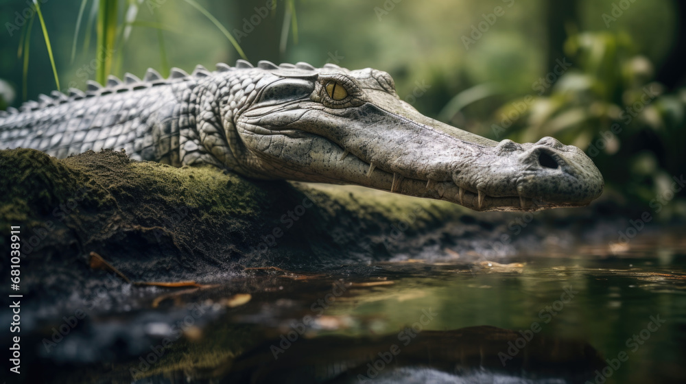 Naklejka premium Sleek reptile camouflaged amid exotic flora of the tropics