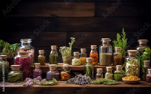 Realistic photo of herbal medicine, alternative medicine in bottles on wooden table. generative ai