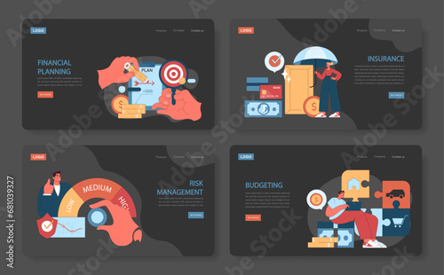 Financial planning web or landing set. Comprehensive visual guide to financial planning, insurance, risk management, and budgeting. Strategic fiscal growth steps. Flat vector illustration