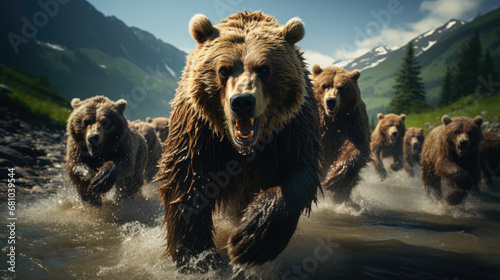 Bears in wild nature, running on camera. Action wildlife scene with dangerous animal. Grizzly running along the rocky shore of the river.