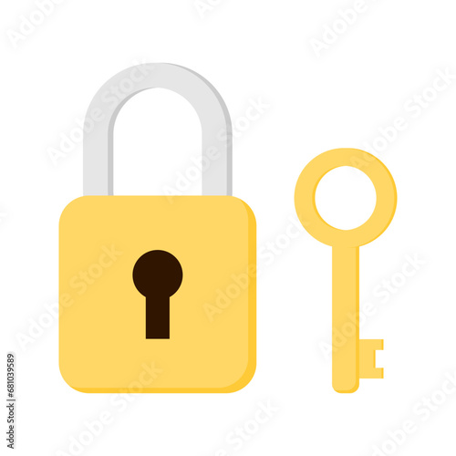 Padlock and key locked gold for safety flat illustration