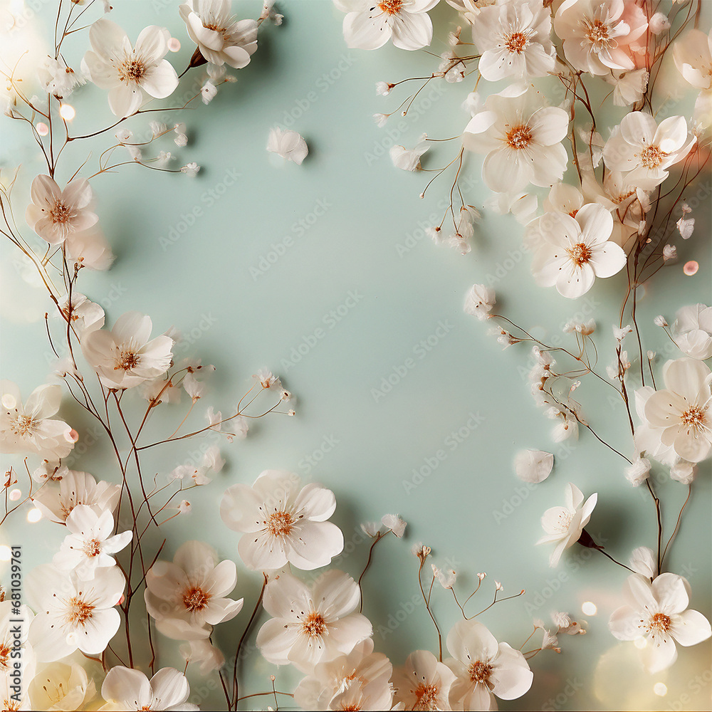 Elegant floral frame with little white flowers on pale blue background