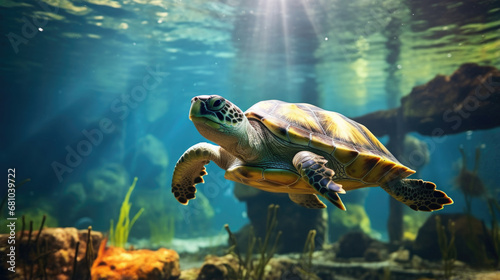 Pet turtle in apartment aquarium, receiving dedicated care