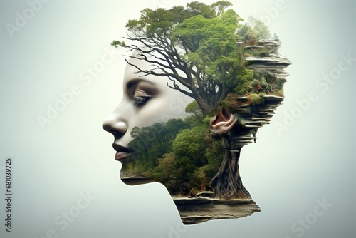Nature's Crown: A Woman's Head Adorned with a Majestic Tree Blossoming photo