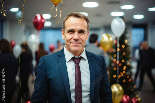 Elegant dressed businessman celebrating Christmas new year corporate office party Generative AI