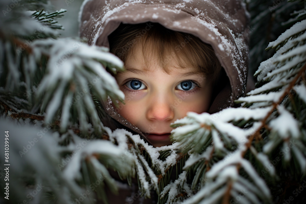 Generative AI portrait of little kid hiding behind snowy forest tree magic atmosphere Generative AI portrait of little kid hiding behind snowy forest tree magic atmosphere