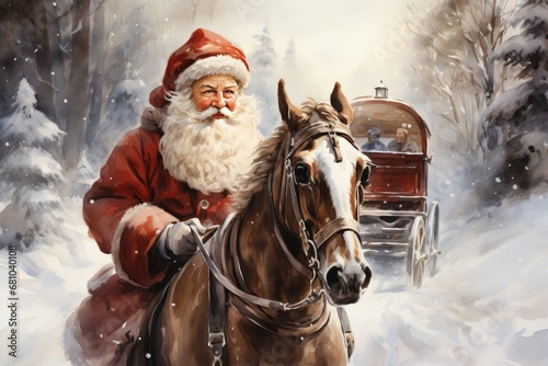 Santa Claus riding in sleigh and driving his harness of horses in the fairy winter forest. Christmas card, drawing with watercolors