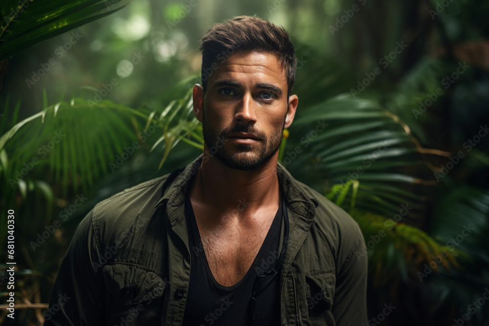 Generative ai photo of handsome guy walking in green exotic rainforest exploring nature Generative ai photo of handsome guy walking in green exotic rainforest exploring nature