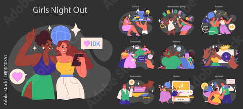 Girls Night Out dark or night mode set. Female friends going out together to celebrate with selfies, cocktails, and karaoke. Bachelorette, night club party with DJ. Flat vector illustration photo