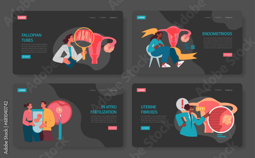 Reproductive health dark or night mode web or landing set. Couple facing conception challenge. Infertility common causes and treatment with ART or IVF. Flat vector