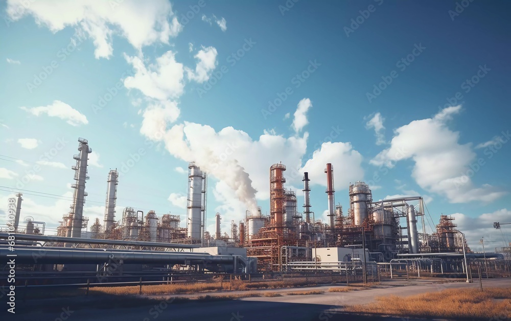 Realistic photo of a large oil refinery factory and gas pipeline network in the oil refining process, with a bright daylight background. generative ai
