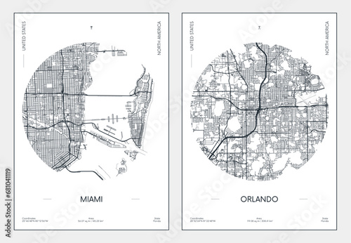 Travel poster, urban street plan city map Miami and Orlando, vector illustration