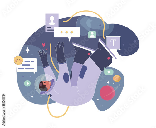 Loneliness. Unhappy person, astronaut left alone in space. Character suffering from solitude. Modern communication problem and self-isolation. Flat vector illustration