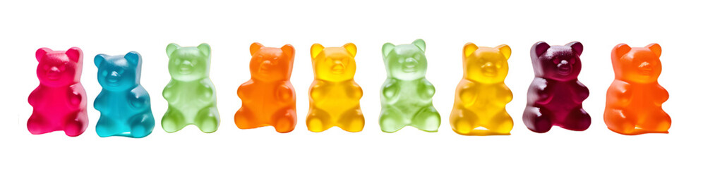 Row of sweet gummy bears painted in different colors isolated on transparent background