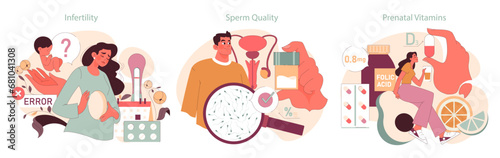 Reproductive Health set. A distressed woman contemplates infertility, a man examines sperm quality, a woman embraces prenatal vitamins. The journey to parenthood. Modern challenges. flat vector photo