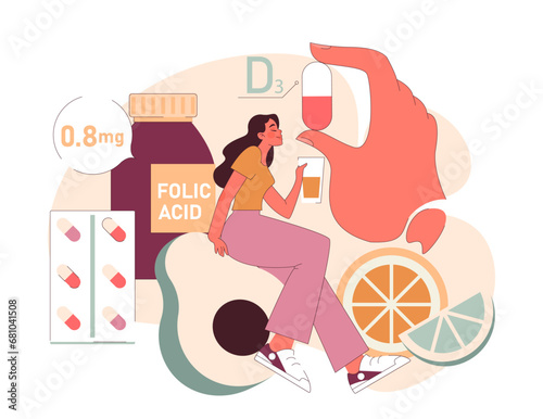 Prenatal Vitamins concept. An expecting mother takes essential supplements, highlighting the importance of folic acid, vitamin D3, and more for fetal health. Nutrition during pregnancy. Flat vector.