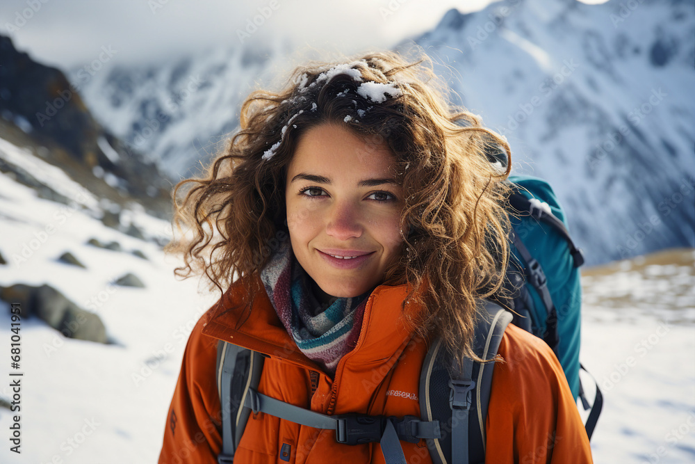 Happy young woman wearing warm winter hiking clothes climbing high peak mountain Generative AI picture