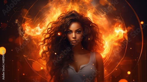 beautiful mulatto girl with dark wavy hair, zodiac Scorpio, on a fiery background, banner, poster