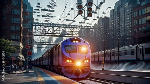 modern high-speed train in bustling city at sunset. concept of modern train network.